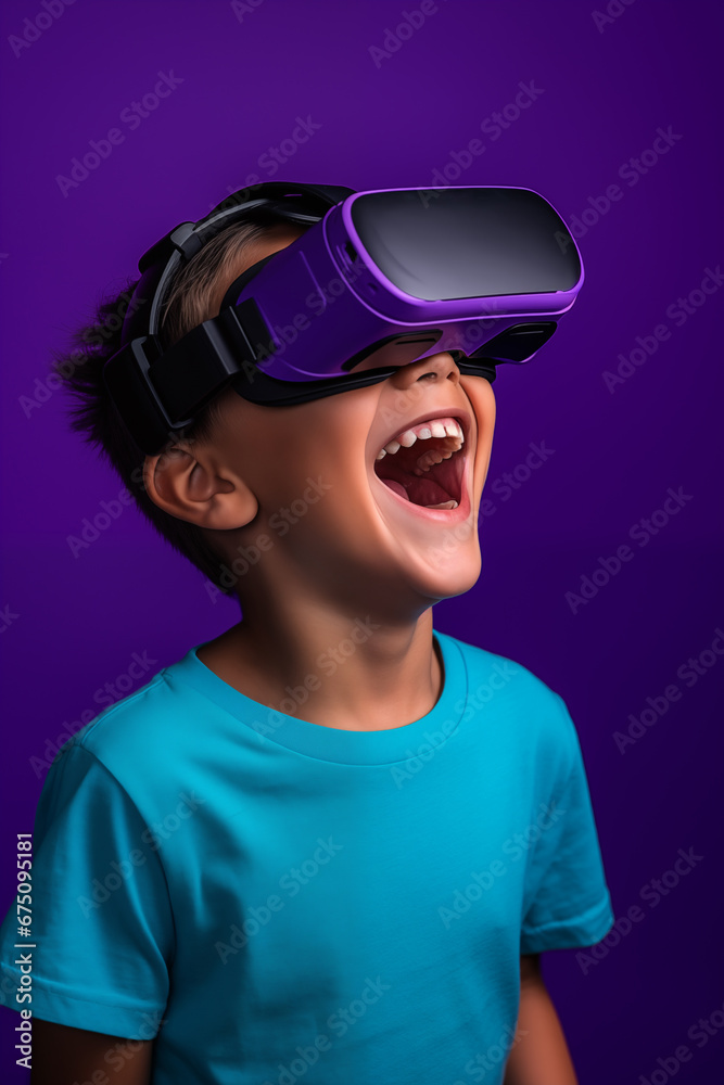 Young boy getting experience using VR headset glasses isolated on a purple background Young boy getting experience using VR headset glasses isolated on a purple background