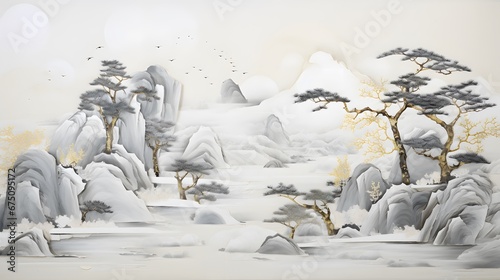 Paste up, lacquer painting, relief, minimalist composition Chinese landscape  photo