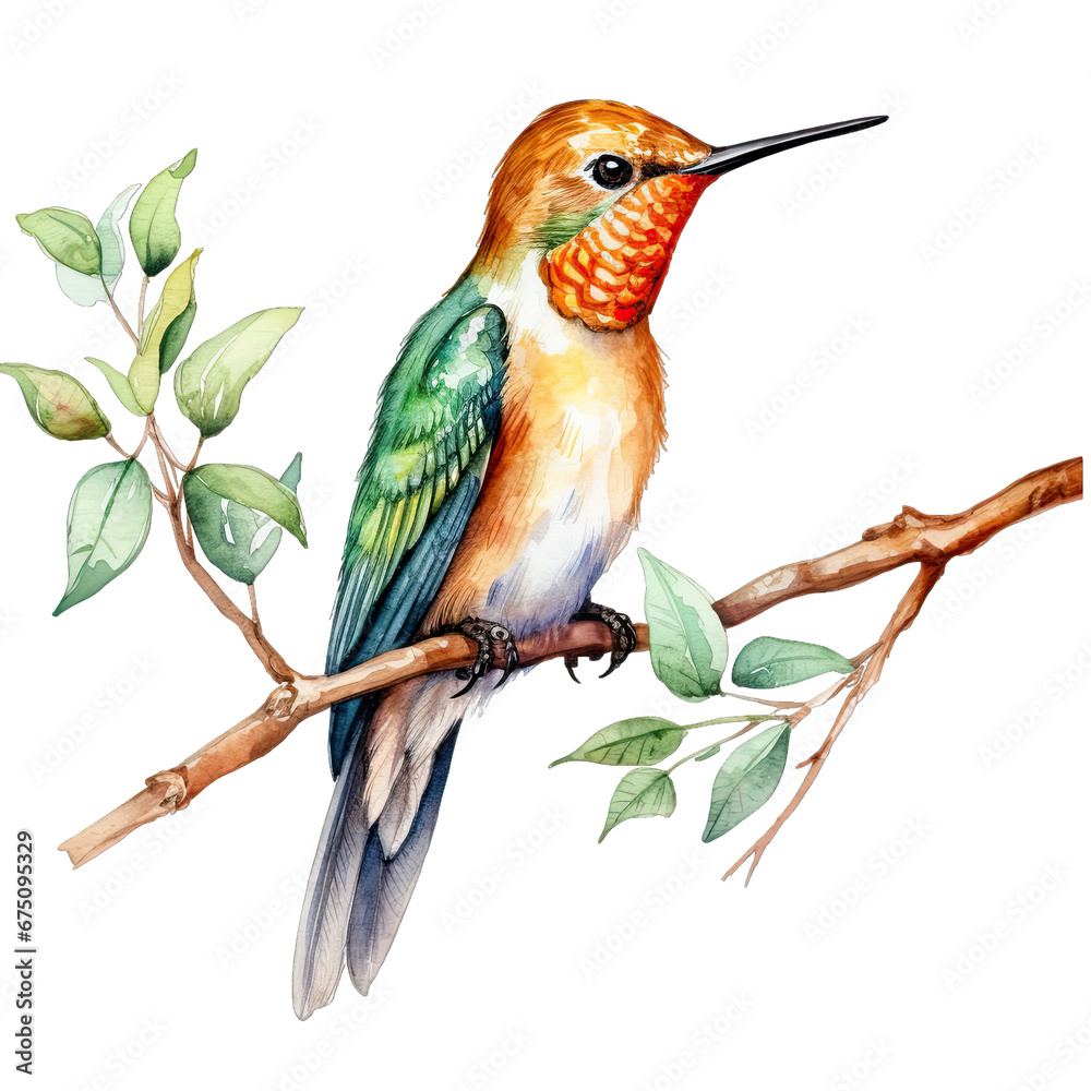 Fototapeta premium Hummingbird on a branch watercolor clipart on transparent background. Generative AI illustration