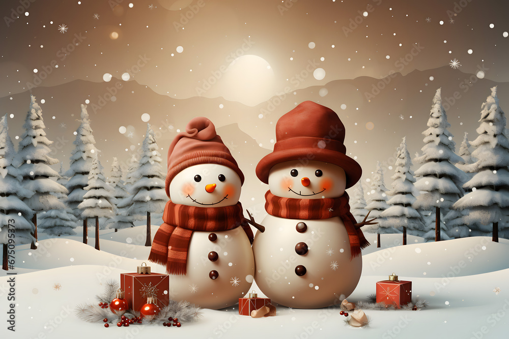 Fototapeta premium christmas tree decorations, santa claus with gifts, snowman in the snow, christmas gift boxes 