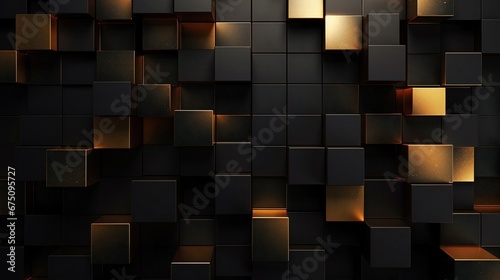 abstract background with cubes, Luxurious 3D texture wall with a dark geometric backdrop, enriched with gold and black squares and rectangles, a statemen