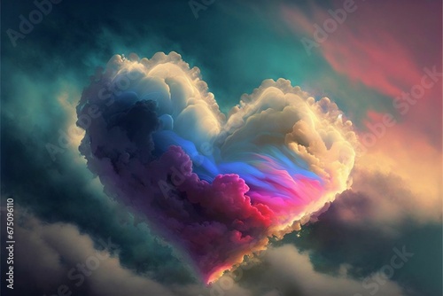 AI generated illustration of a colorful heart-shaped cloud on the sky