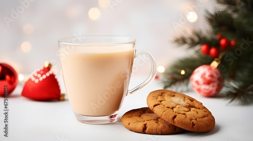 Tasty Christmas cookie and cup of drink on light background