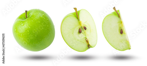 Flying green apple has water drop with slices collection and shadow isolated on white background. Clipping path.