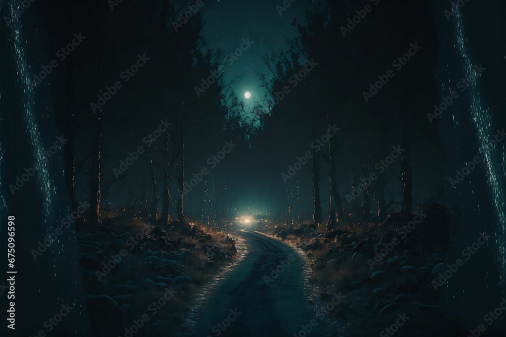 AI generated illustration of a rural road surrounded by trees in a mystic forest at night