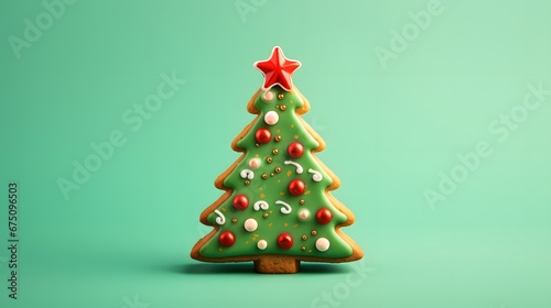 Tasty Cookie in shape of Christmas tree on color background