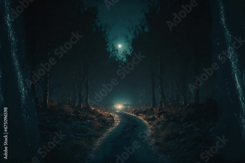 AI generated illustration of a rural road surrounded by trees in a mystic forest at night