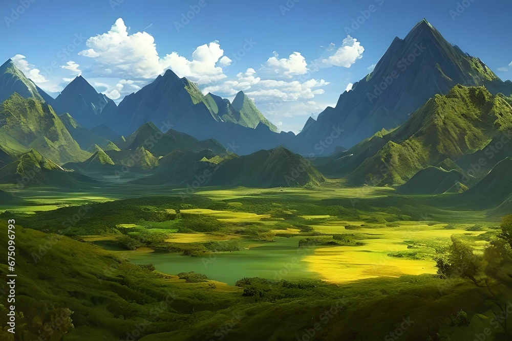 Fototapeta premium AI generated illustration of mountains on a sunny morning