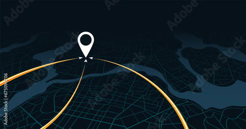 Dashboard with satellite, location and roadmap. View from above the map. Big data in modern city. Abstract city. Futuristic gps map navigator system, direction path, location tracks dashboard. Vector