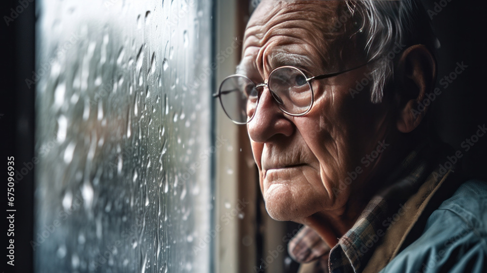 Fototapeta premium alone elderly man by a window with rain drops.