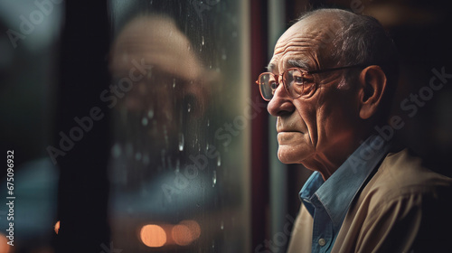 alone elderly man by a window with rain drops. photo