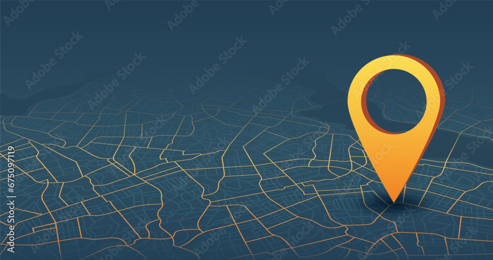Fototapeta premium Destinations. Gps tracking map. Track navigation pins on street maps, navigate mapping technology and locate position pin. Futuristic travel gps map or location navigator vector illustration