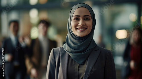 Portrait of smiling muslim female CEO or chief executive officer running a large corporation as boss.