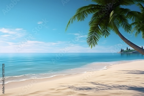 tropical beach view at sunny day with white sand  turquoise water and palm tree. Neural network generated image. Not based on any actual scene or pattern.