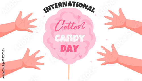 International cotton candy day vector illustration. Candy floss cartoon illustration with children's hands on white background.