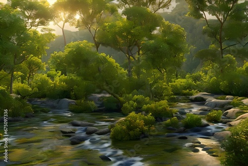 AI generated digital art of a shallow river and dense green trees