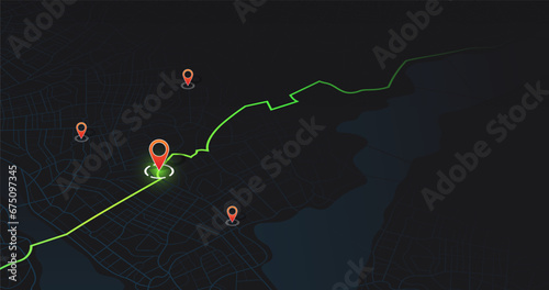 Dashboard with satellite, location and roadmap for navigation. Big data in modern city. Abstract city. Futuristic gps map navigator system, direction path, location tracks dashboard. Vector
