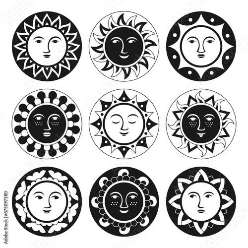 Sun with face abstract ornamental cartoon set. Ethnic boho style sunny smiling faces. Funny smiling suns various emotions cute icon. Warm sunshine shining beams. Cheerful vector isolated illustration