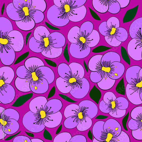 purple flowers with yellow pollen grains seamless vector repeat pattern.