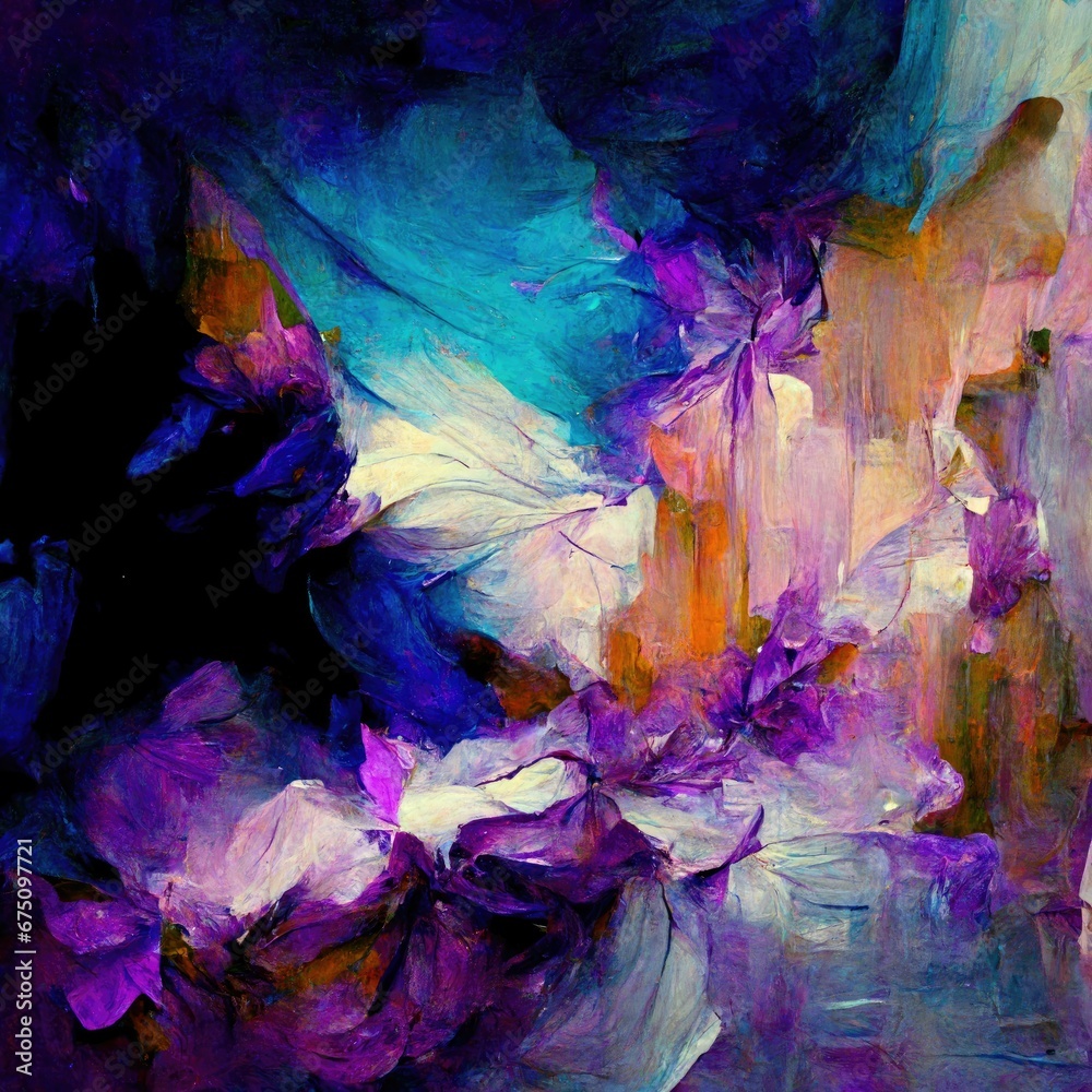 AI generated illustration of an abstract painting with blue and purple paints dominating in it