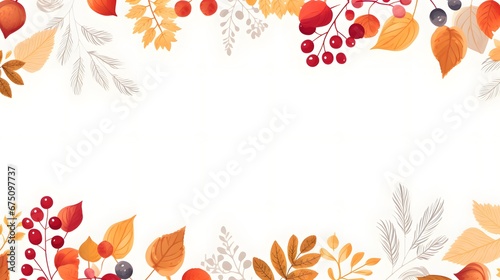 Autumn  Thanksgiving and Harvest Day frame with hand drawn colorful leaves  berries  acorns. Fall seasonal background with cozy elements. Vector illustration.