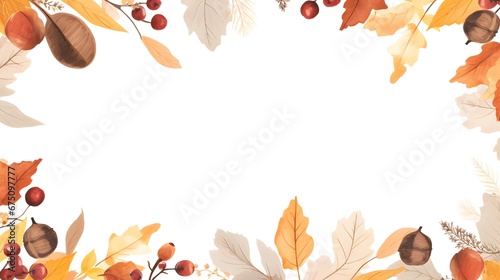 Autumn, Thanksgiving and Harvest Day frame with hand drawn colorful leaves, berries, acorns. Fall seasonal background with cozy elements. Vector illustration.