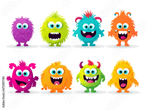 funny cute colorful party monsters standing side by side, vector set illustration