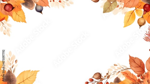 Autumn, Thanksgiving and Harvest Day frame with hand drawn colorful leaves, berries, acorns. Fall seasonal background with cozy elements. Vector illustration.