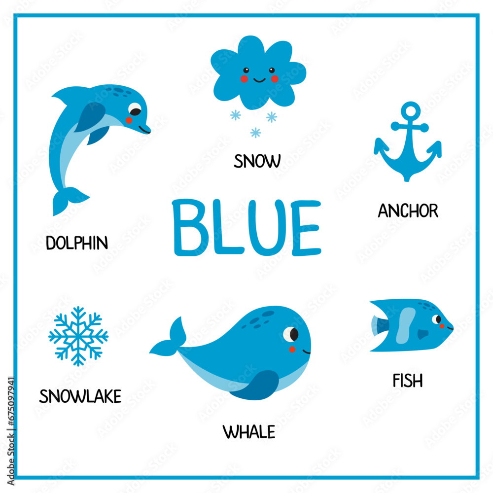 Learning colors worksheet for kids. Blue color flashcard.