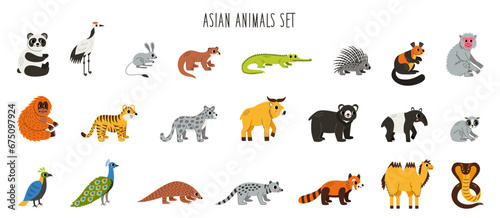 Bundle of cute animals of Asia. Collection of Asia continent fauna. photo