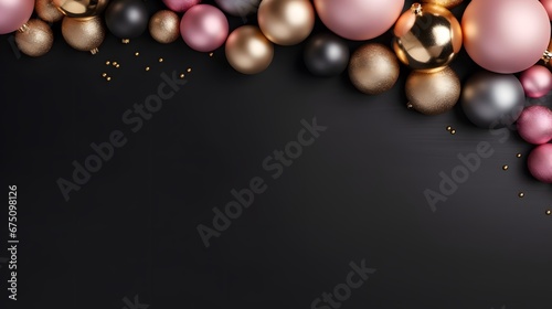blach, pink and golden christmas balls on balck ground with space for text, elegant christmas background