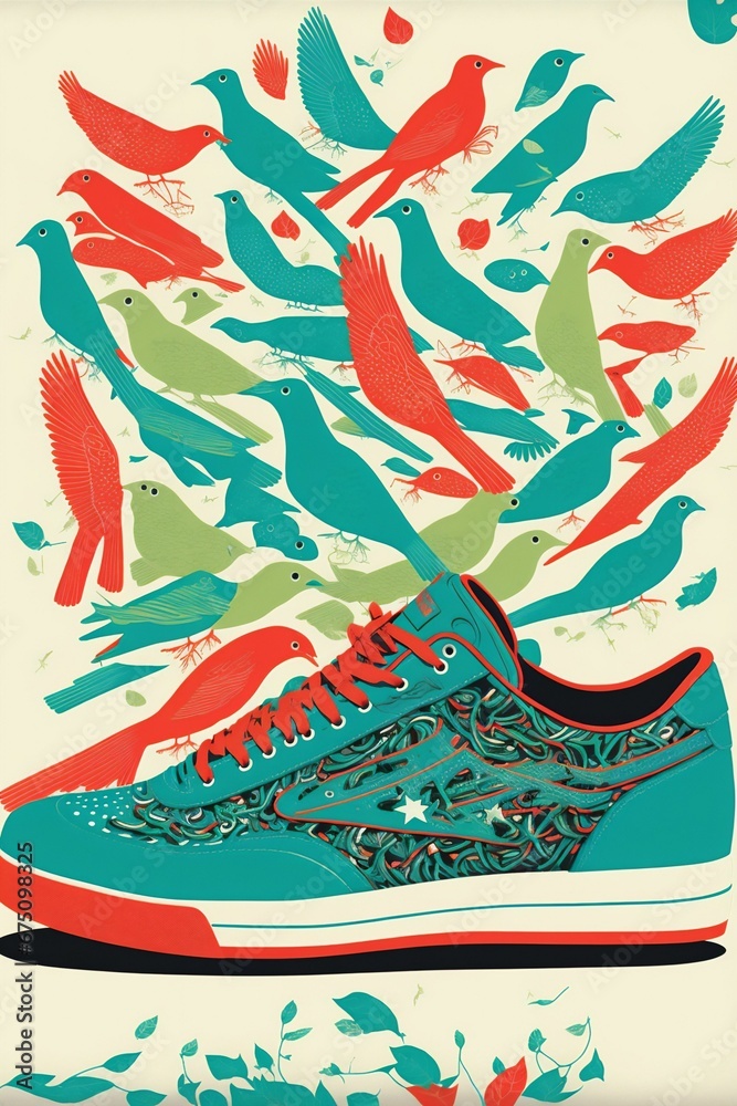 AI generated illustration of colorful bird shapes above sneaker