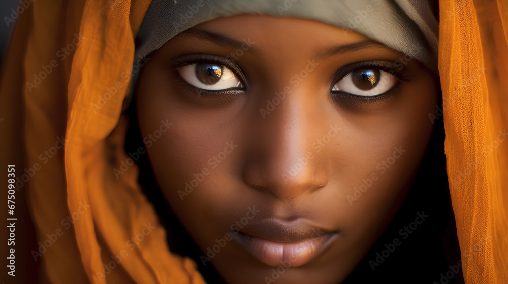 Portrait of a beautiful dark-skinned Muslim woman in a hijab.