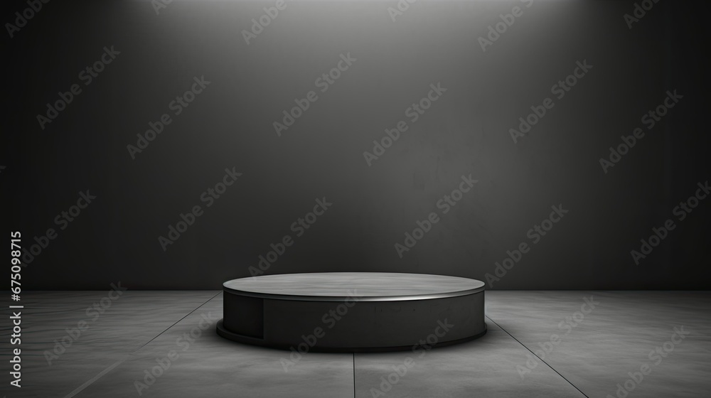 3D realistic empty podium standing studio room on gray - obrazy, fototapety, plakaty 