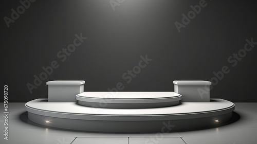 3D realistic empty podium standing studio room on gray