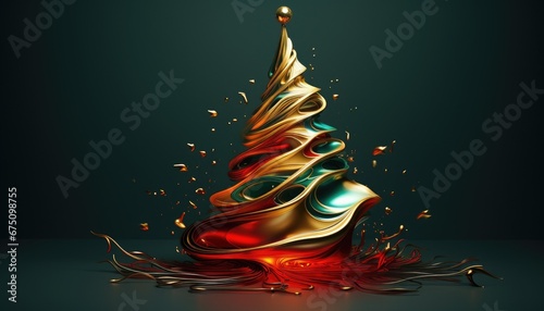 christmas tree tangled distorted wave shapes, red green and gold on a green background