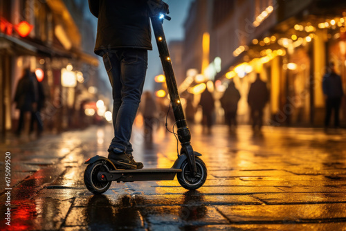 The effort of a person standing on an electric scooter on cobblestone streets in the city, with yellow lights reflecting. In the distance, pedestrians walk by. It's evening twilight. © Anna