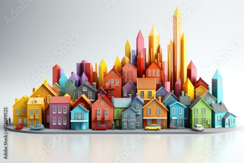 A collection of colorful miniature model homes of varying sizes, showcased against a clean white background, creating a visually appealing and dynamic composition. Photorealistic illustration photo