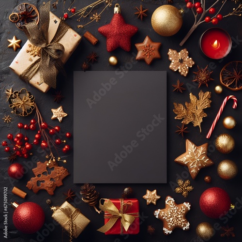 Rectangle frame mock up. Black Christmas, Festive holiday background with sparkle glitter decoration, black Christmas trees, Flat lay, top view Christmas or New Year pattern for Christmas card 