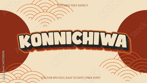 Editable text effect. Brown konnichiwa text effect. photo