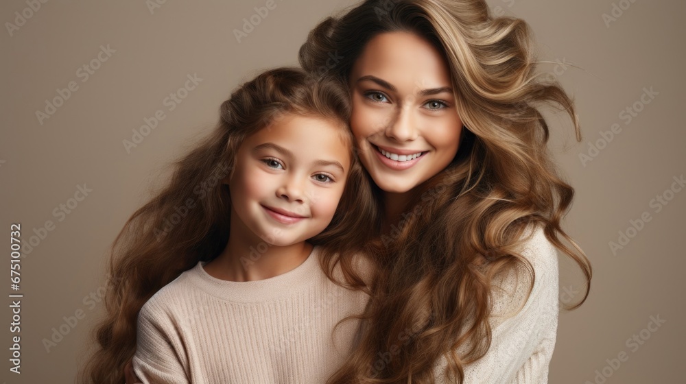 A loving mother and daughter hugging on beige background, wearing warm cloths. A loving mother and daughter hugging on beige background, wearing warm cloths.