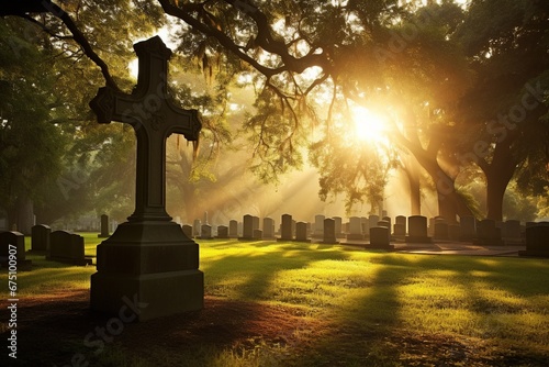 Gravestones in a cemetery at sunrise photo