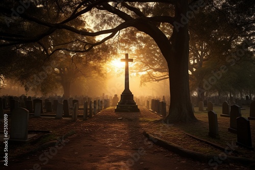 Gravestones in a cemetery at sunrise