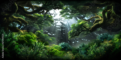 Mysteries of the Exotic In the Heart of Dark green jungle with sunlight  A Journey Through a Dark Tropical Forest in Beautiful Sunlight generative AI
