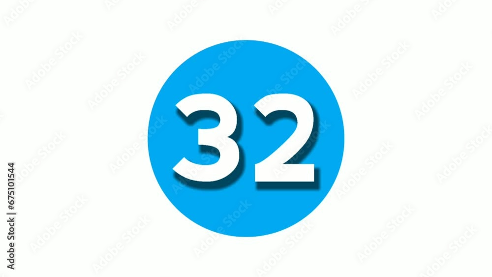 Number 32 thirty two sign symbol animation motion graphics on blue circle white background,cartoon video number for video elements