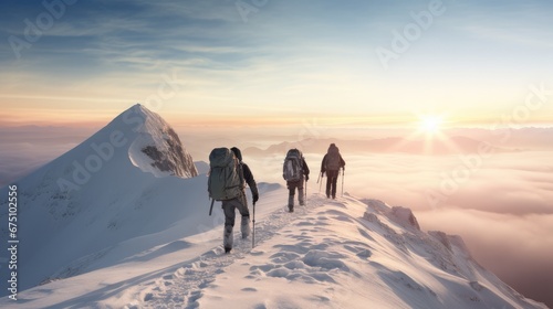 Group of hikers on snowy mountain pick at winter photo