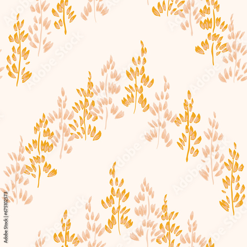 Hand drawn flower tree hills in a color palette of brown,pastel peach,cream forming a seamless vector pattern. Great for home decor, fabric, wallpaper, gift-wrap, stationery and packaging.