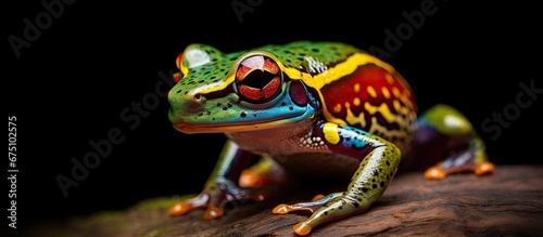 The closeup photograph of a colorful amphibian showcases the vibrant and natural beauty of wildlife found in the green hues of nature