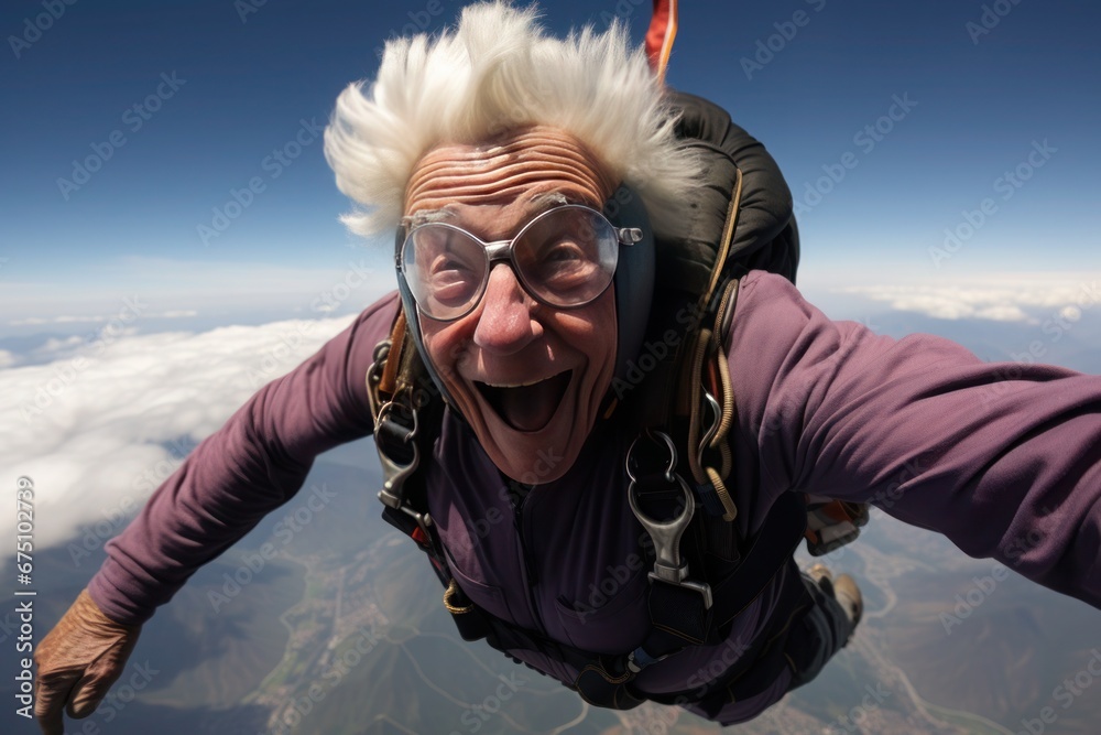 An elderly man is flying in the sky, with an unopened parachute behind him. He's happily smiling, wearing glasses, and has gray hair An elderly man is flying in the sky, with an unopened parachute behind him. He's happily smiling, wearing glasses, and has gray hair