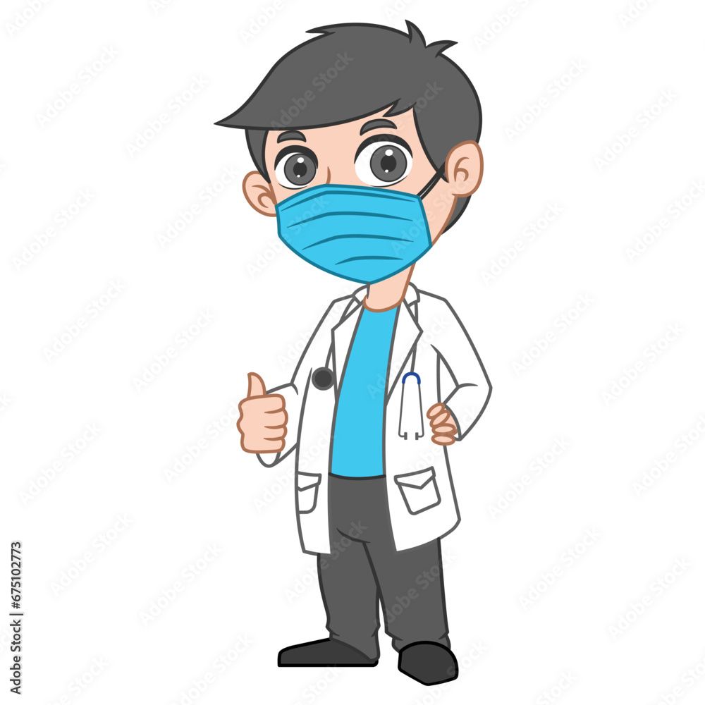 Doctor cartoon character with mask and hand thumb. Medical health care banner design with background. Medical colleagues hospital staff Doctor cartoon character with mask and hand thumb. Medical health care banner design with background. Medical colleagues hospital staff
